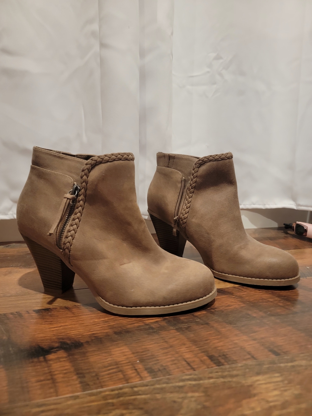 Braided-Trim Taupe Ankle Booties with Side Zip